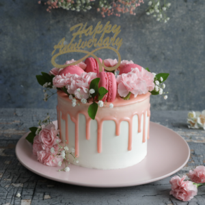 Pink Floral and Macaron Delight Cake
