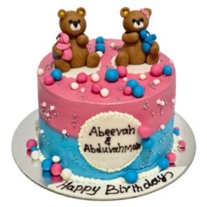 Teddy Bear Twin Birthday Cake – Pink & Blue Delight